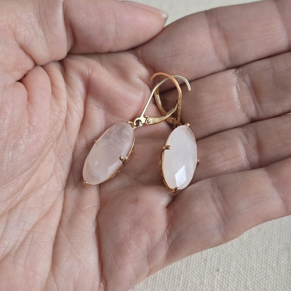 Rose Quartz Dangle Earrings 925 Sterling Silver & Rose Gold Faceted Pink - Picture 5 of 11